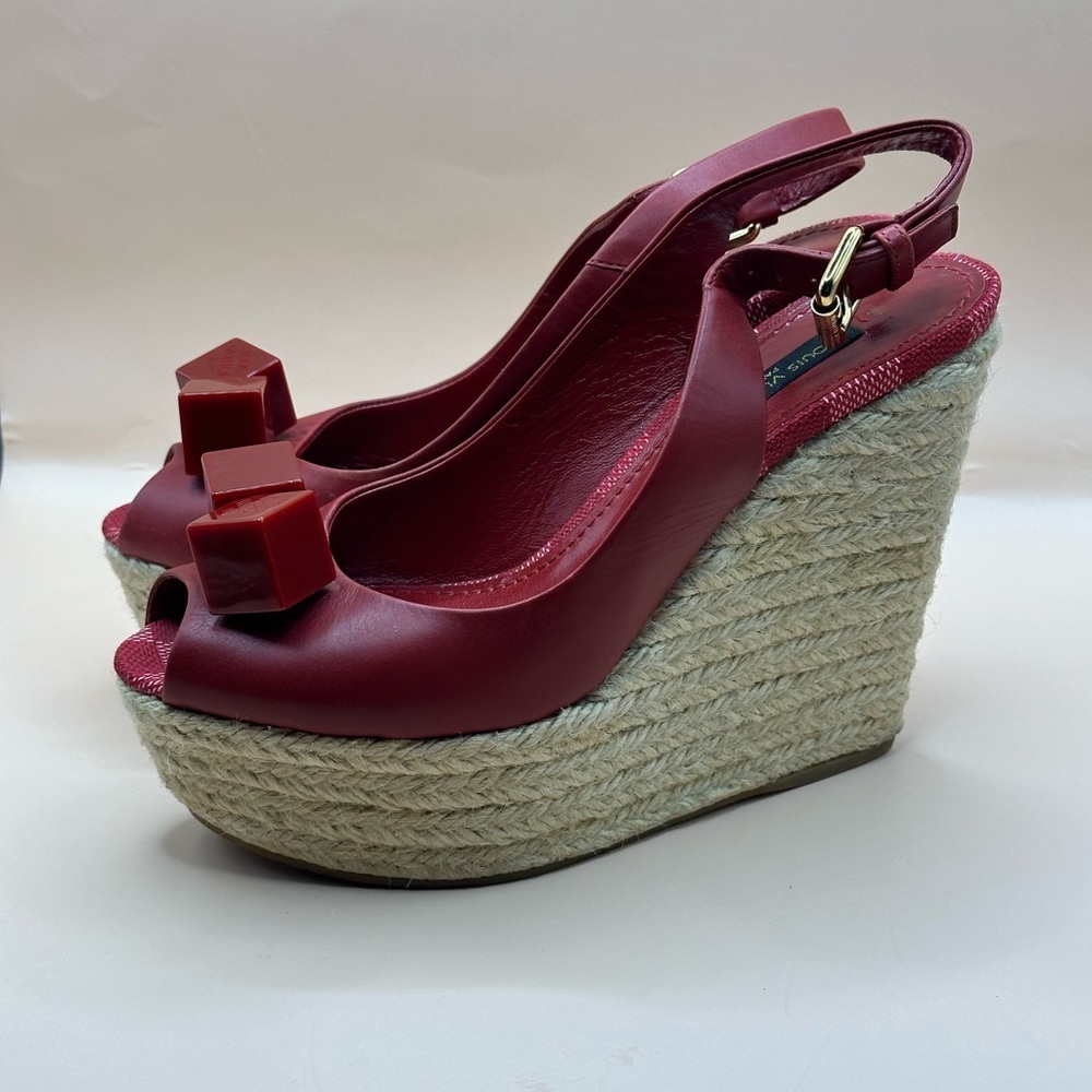š„LOUIS VUITTON Red Leather, Espadrille & Logo "Dice" Wedge Heels š„ - Picture 13 of 16
